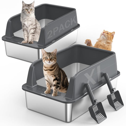 2PACK Stainless Steel Litter Box, Extra Large Litter Boxes for Big Cats, XL Metal Cat Litter Box