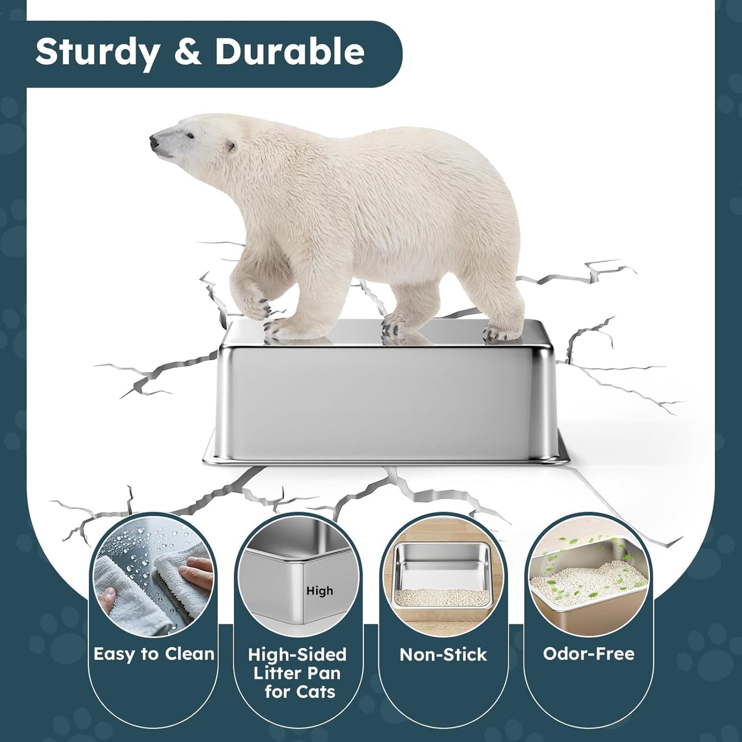 Stainless Steel Cat Litter Box - Metal High-Sided Litter Pan for Cats, Rabbits, and Pets