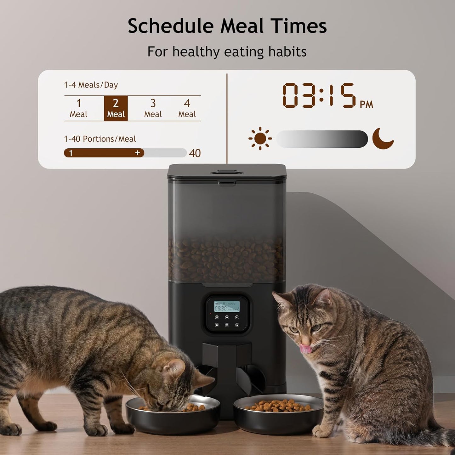 Automatic Cat Feeder for Two Cats, Double Pet Feeder with 2 Stainless Steel Bowls