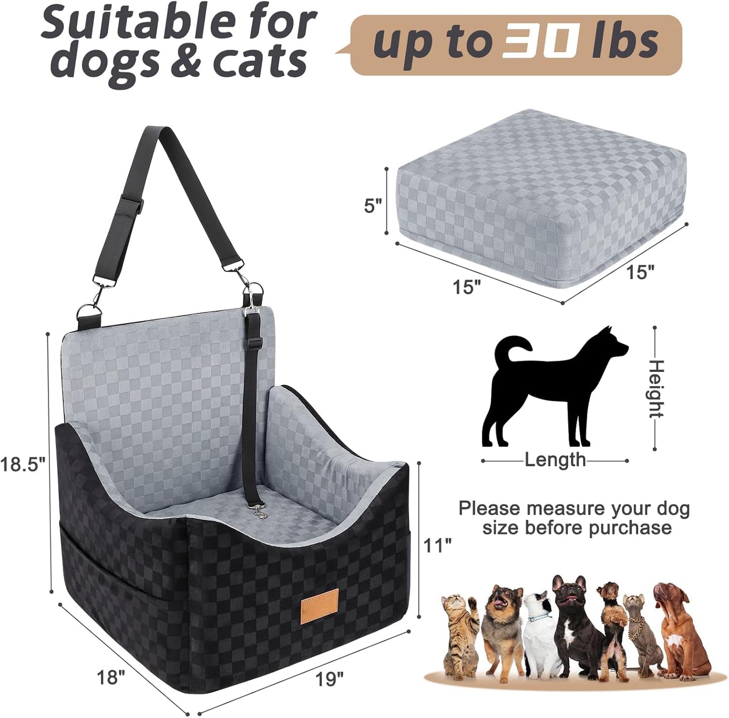 Elevated Dog Car Seat for Small/Medium Dogs up to 35 lbs with Detachable Washable Cover
