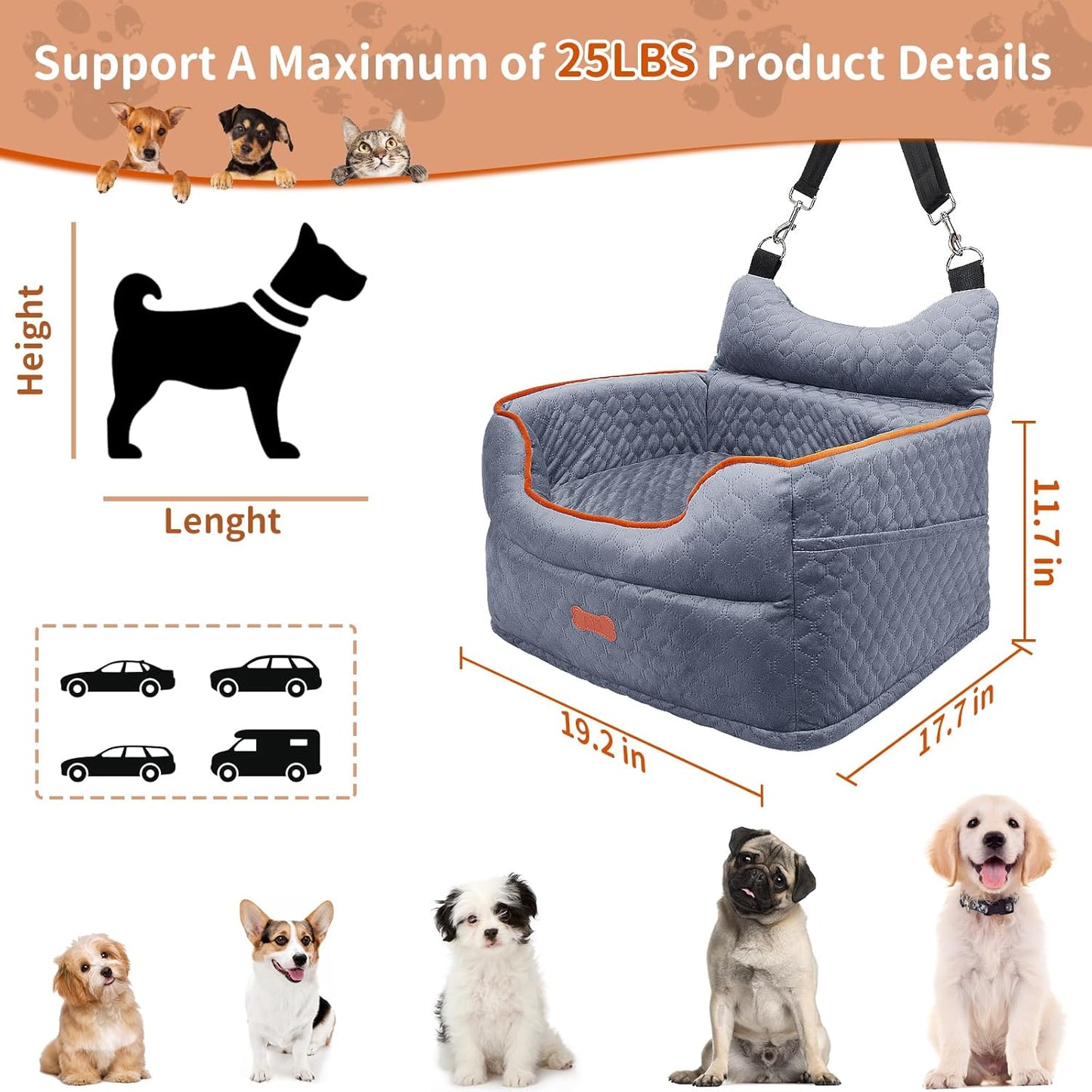 Dog Car Seat - Memory Foam Dog Booster Seat for Small Dogs Up to 25lbs-Elevated Pet Car Seat