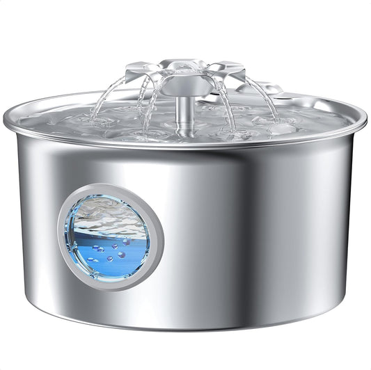 Stainless Steel Cat Dog Water Fountain: 88oz/2.6L Ultra Quiet Pet Fountain with Flower Kitty Spout & LED Blue Light
