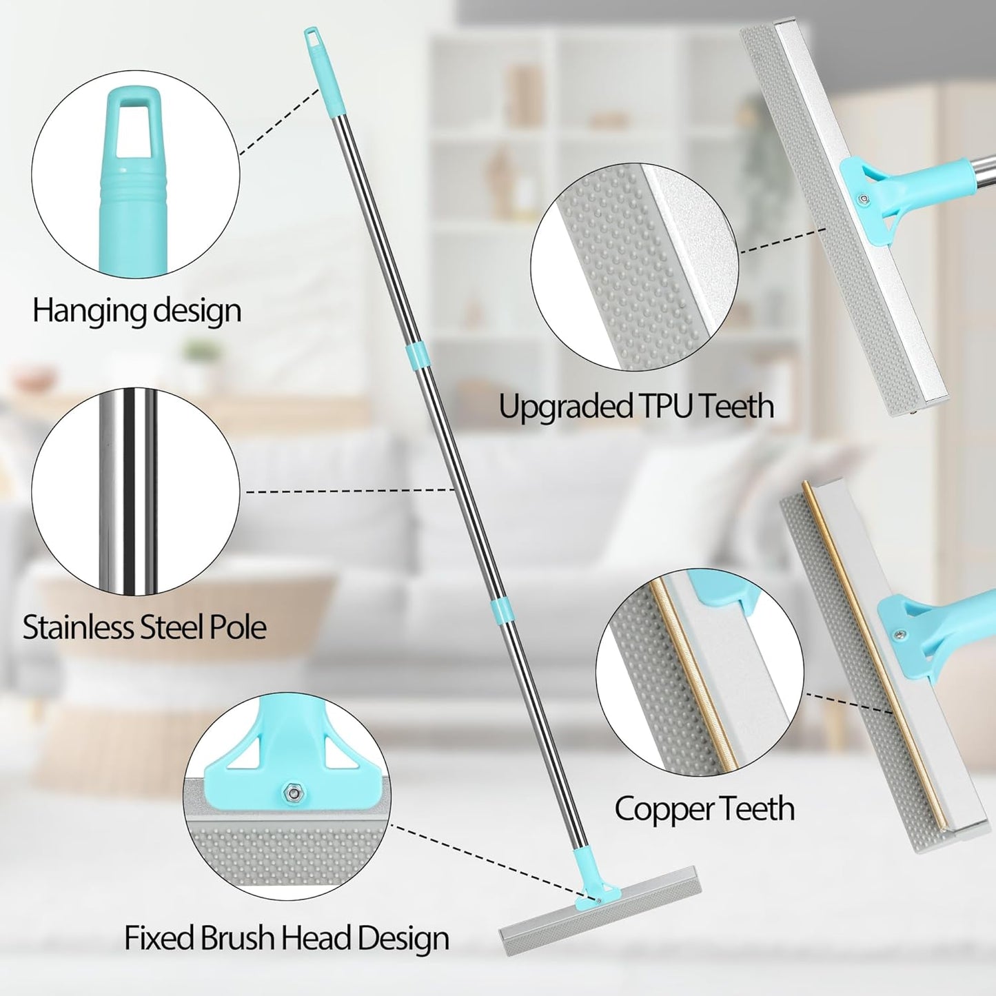 2 in 1 TPU and Copper Rake Teeth Uproot Clean Hair Remover with 54’’ Adjustable Long Handle