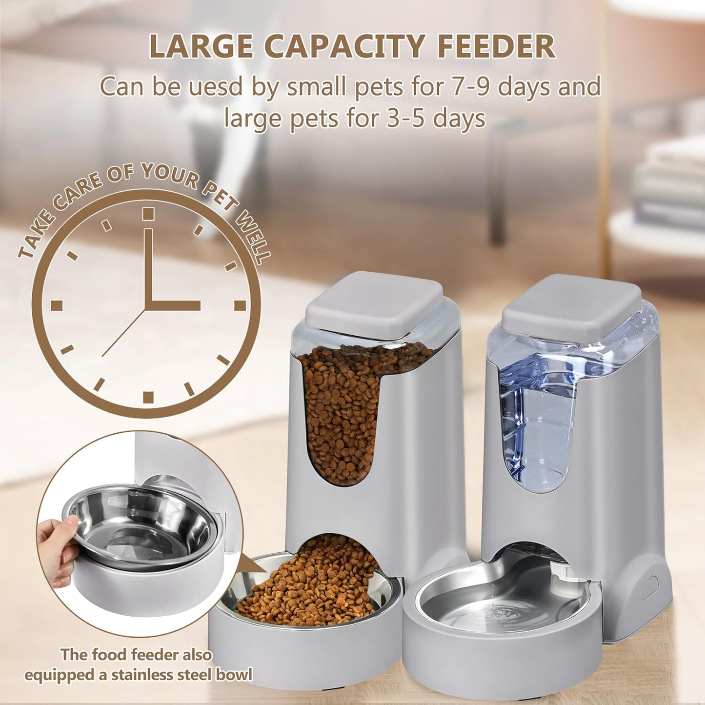 2pcs Portable Automatic Cats Dogs Gravity Food Feeder and Water Dispenser with Stainless Steel Bowl