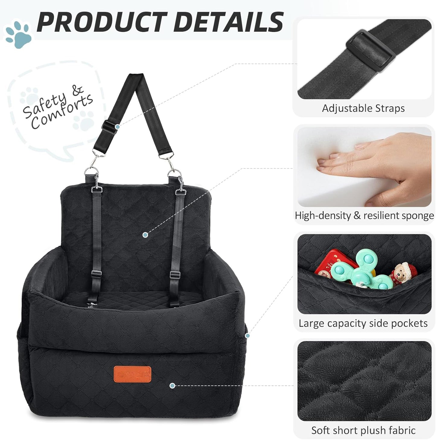 Small Dog Car Seat, Memory Foam Dog Booster Car Seats with Thick Cushion for Medium Dogs Under 35lbs