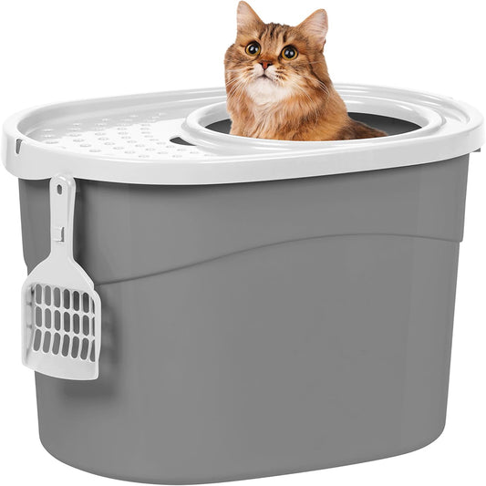 Top Entry Cat Litter Box, Large Enclosed with Litter Catching Lid and Scoop, Dog Proof