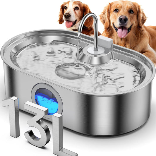 3.4Gal Dog Cats Water Fountain, Stainless Steel Pet Fountain with Deeper & Wider Drinking Area