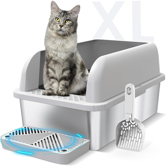 Enclosed Stainless Steel Cat Litter Box with Lid Extra Large Litter Box for Big Cats XL Metal Litter Pan Tray