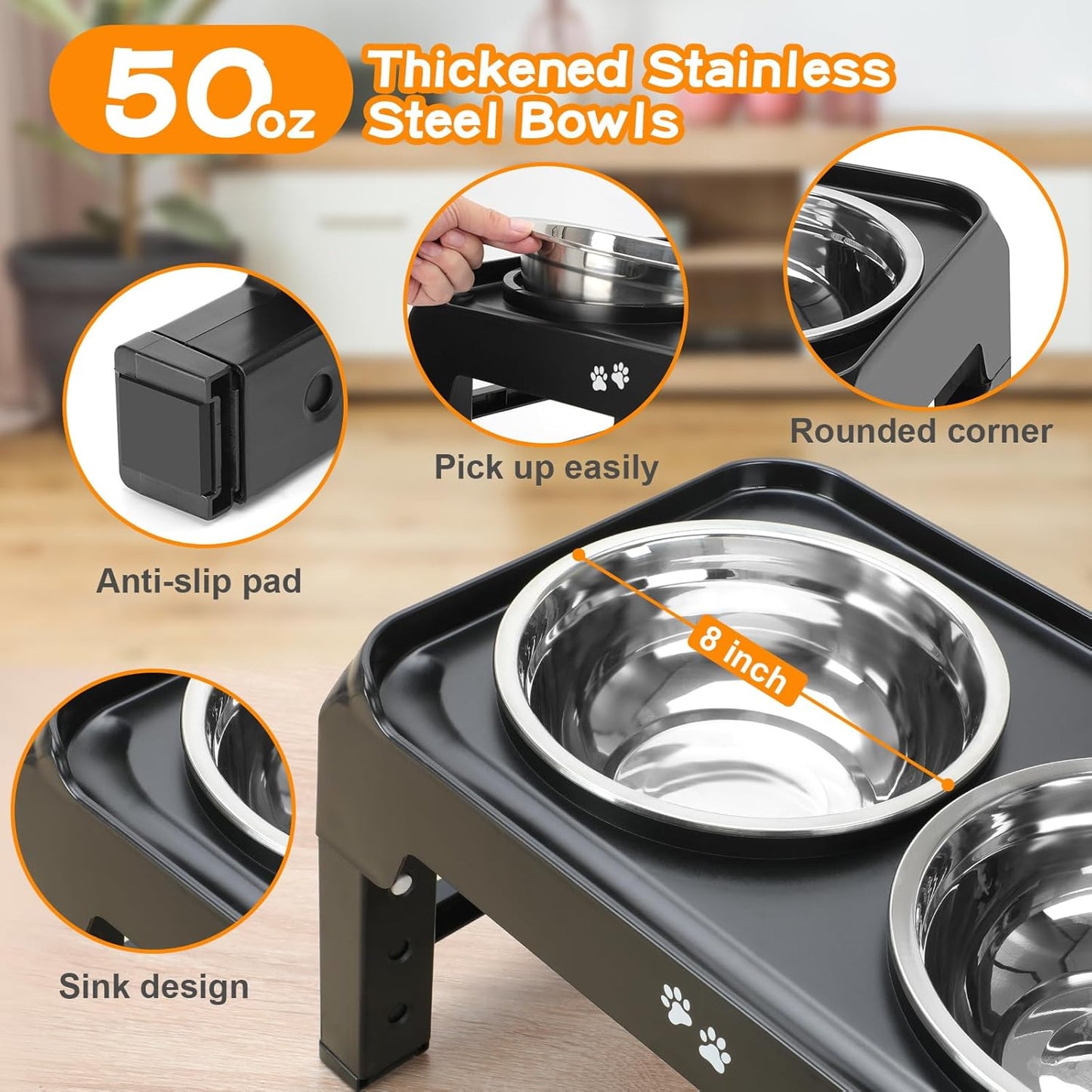 Elevated Dog Bowls, 4 Height Adjustable Raised Bowl Stand with 2 Thick 50oz Stainless Steel Food Bowls
