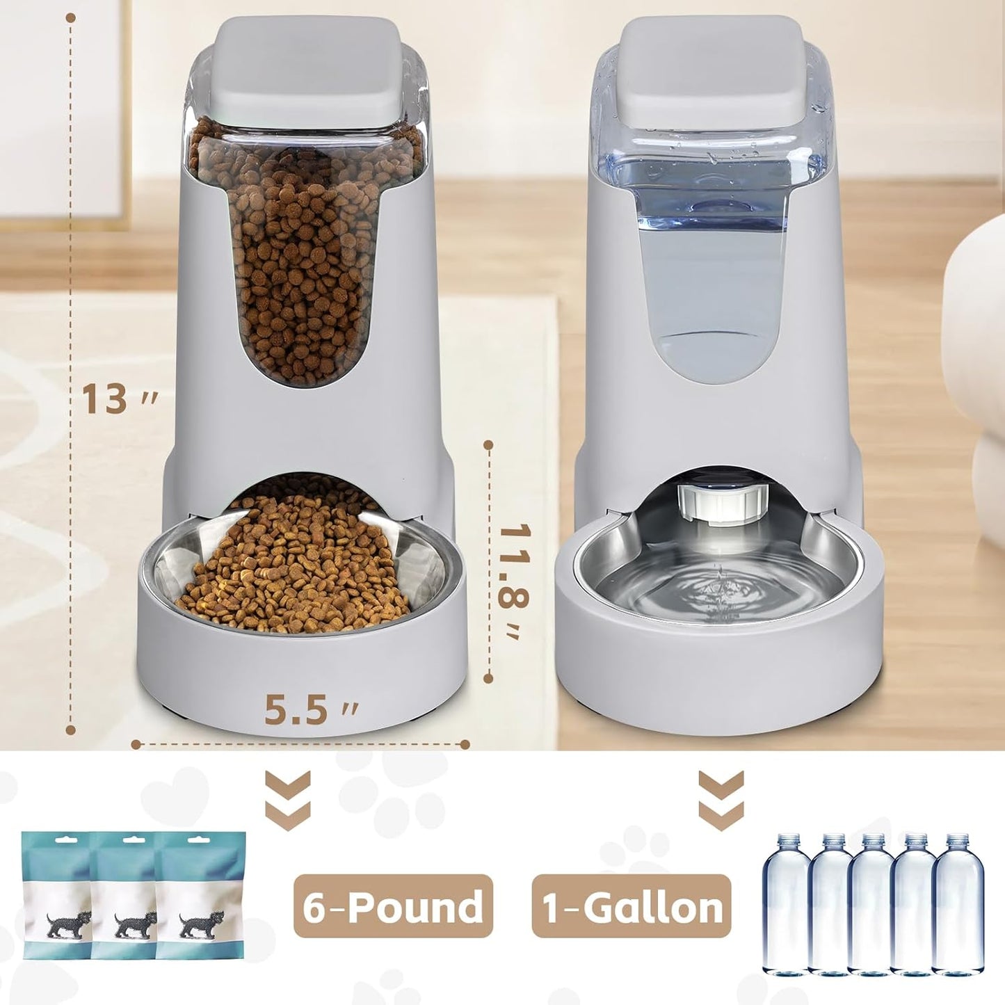 2pcs Portable Automatic Cats Dogs Gravity Food Feeder and Water Dispenser with Stainless Steel Bowl