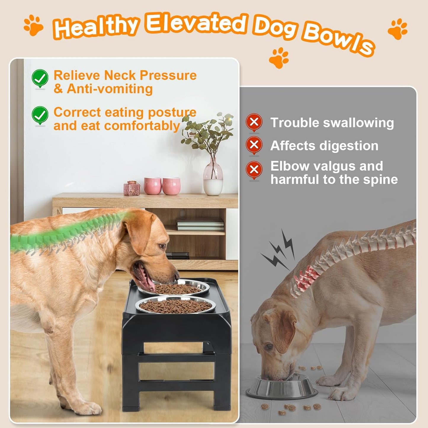 Elevated Dog Bowls, 4 Height Adjustable Raised Bowl Stand with 2 Thick 50oz Stainless Steel Food Bowls