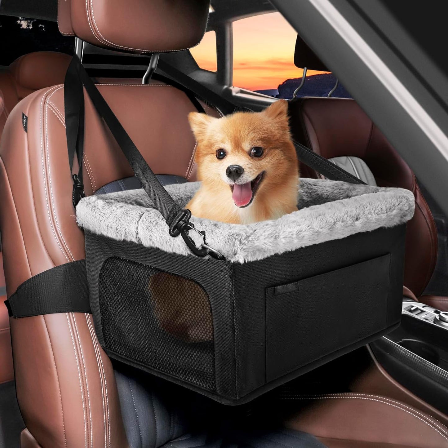 Deluxe Dog Booster Seat with Sturdy Metal Frame and Safety Leash for Small Pets up to 20 lbs