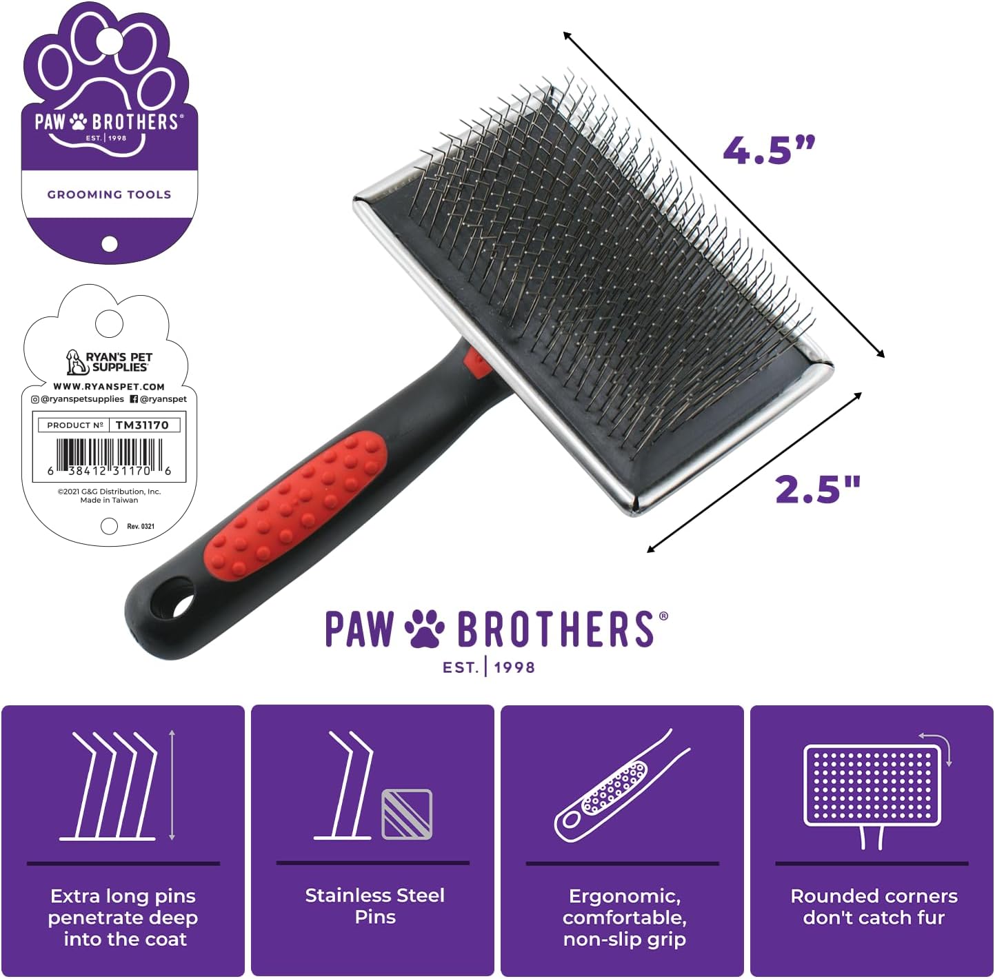 Paw Brothers Professional Grade Extra Long Slicker Brush - Ergonomic Handle