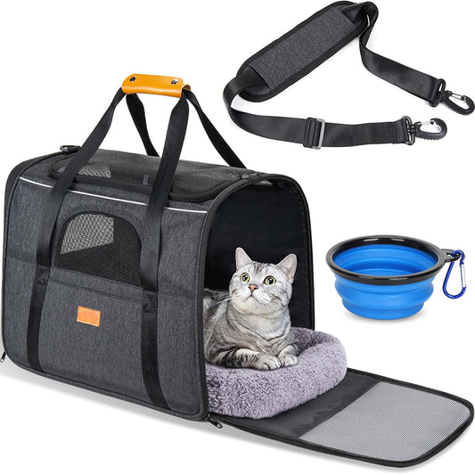 Soft Sided Cat Dog Carrier Large for Big Medium Cats and Puppy up to 18lbs, Pet Carrier with Safety Zippers