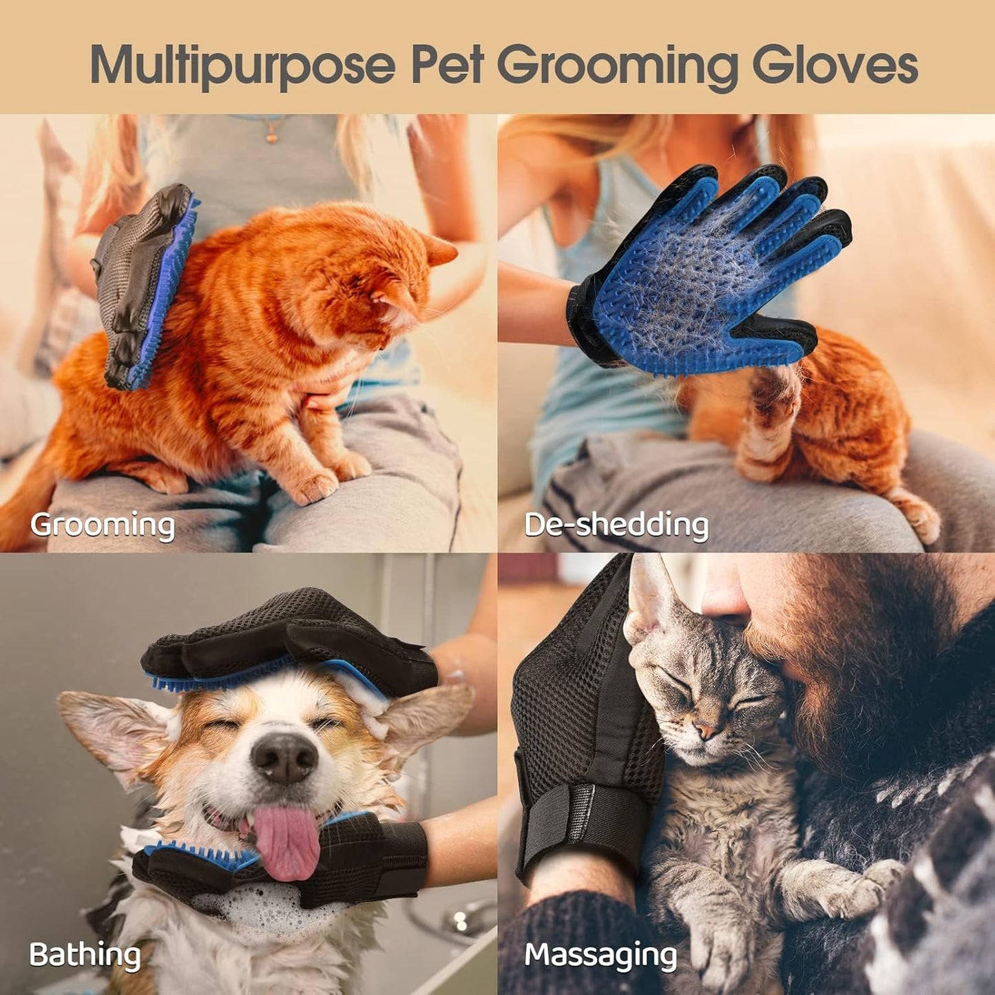 Upgrade Efficient Pet Hair Remover Gloves - Gentle Shedding Brushes for Dogs, Cats & Horses