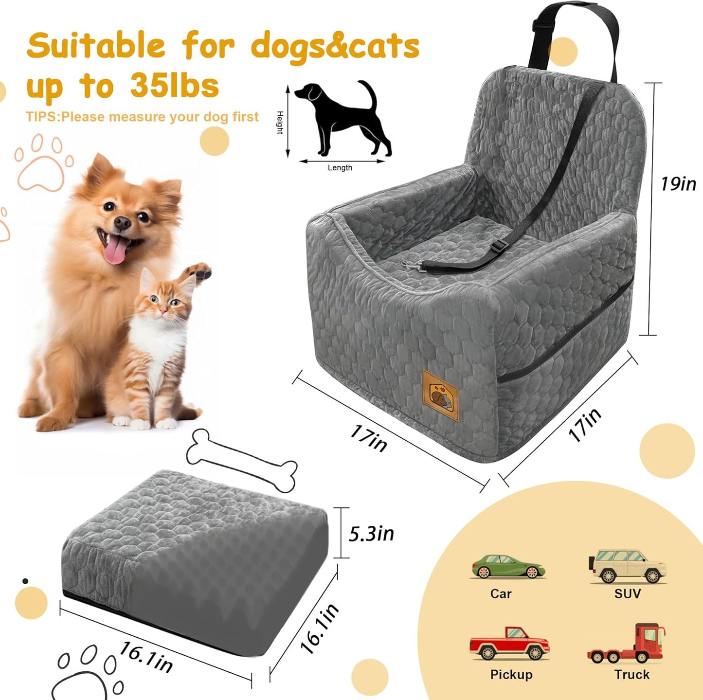 Dog Car Seat for Small/Medium Dogs, Memory Foam Dog Booster Seat, Travel Safety Per Car Seat