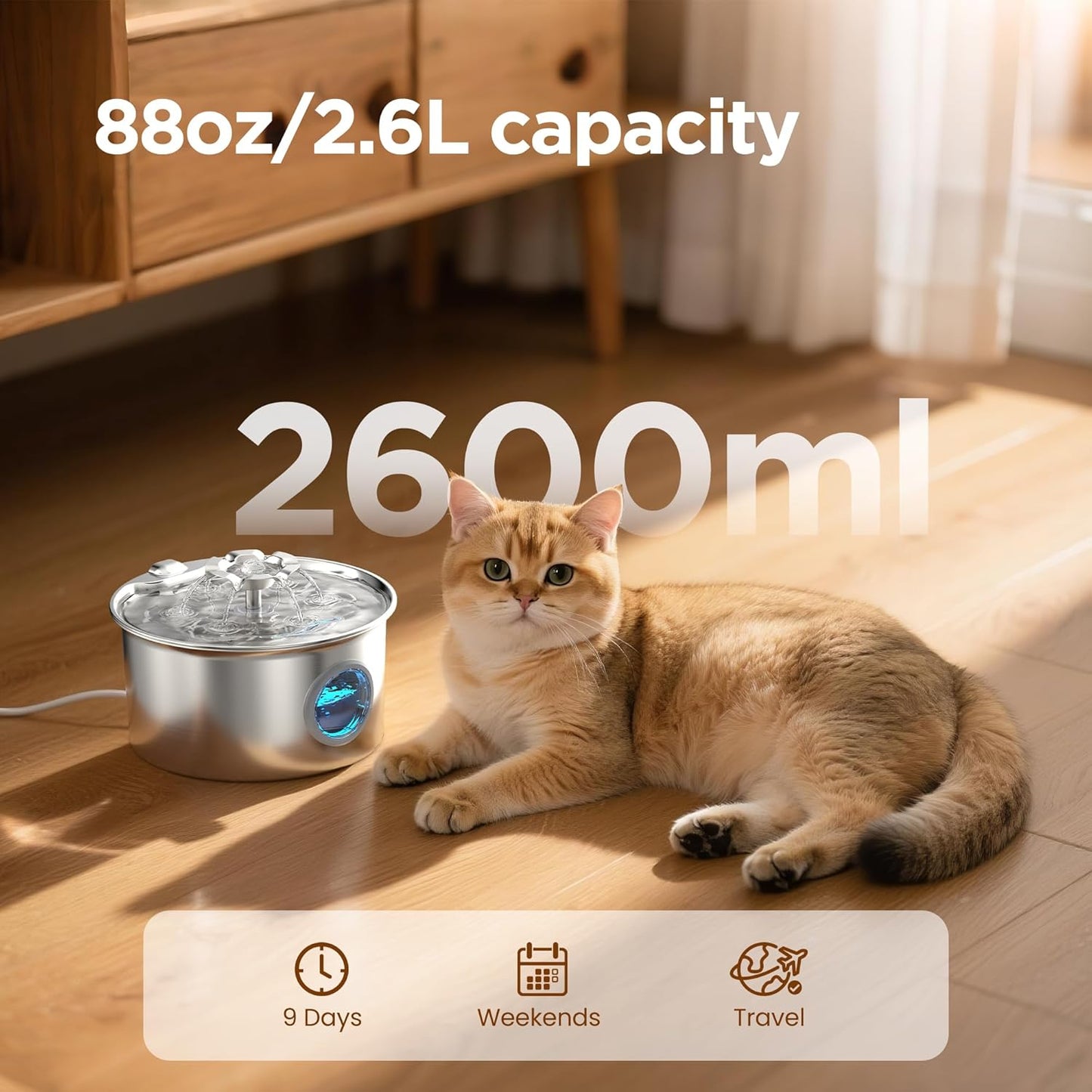 Stainless Steel Cat Dog Water Fountain: 88oz/2.6L Ultra Quiet Pet Fountain with Flower Kitty Spout & LED Blue Light