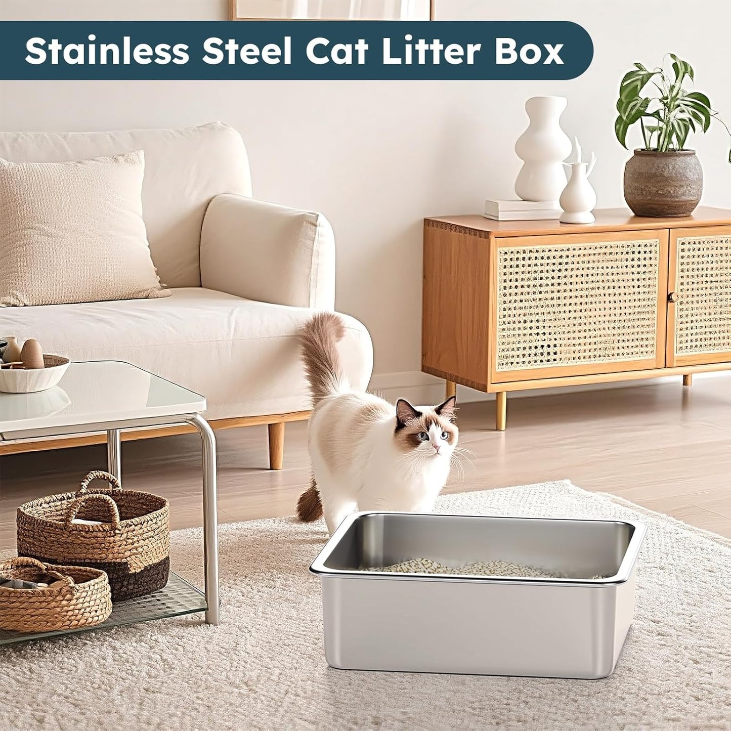 Stainless Steel Cat Litter Box - Metal High-Sided Litter Pan for Cats, Rabbits, and Pets