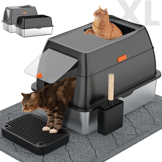 Stainless Steel Cat Litter Box with Lid, Front Entry Top Exit Kitty LitterBox