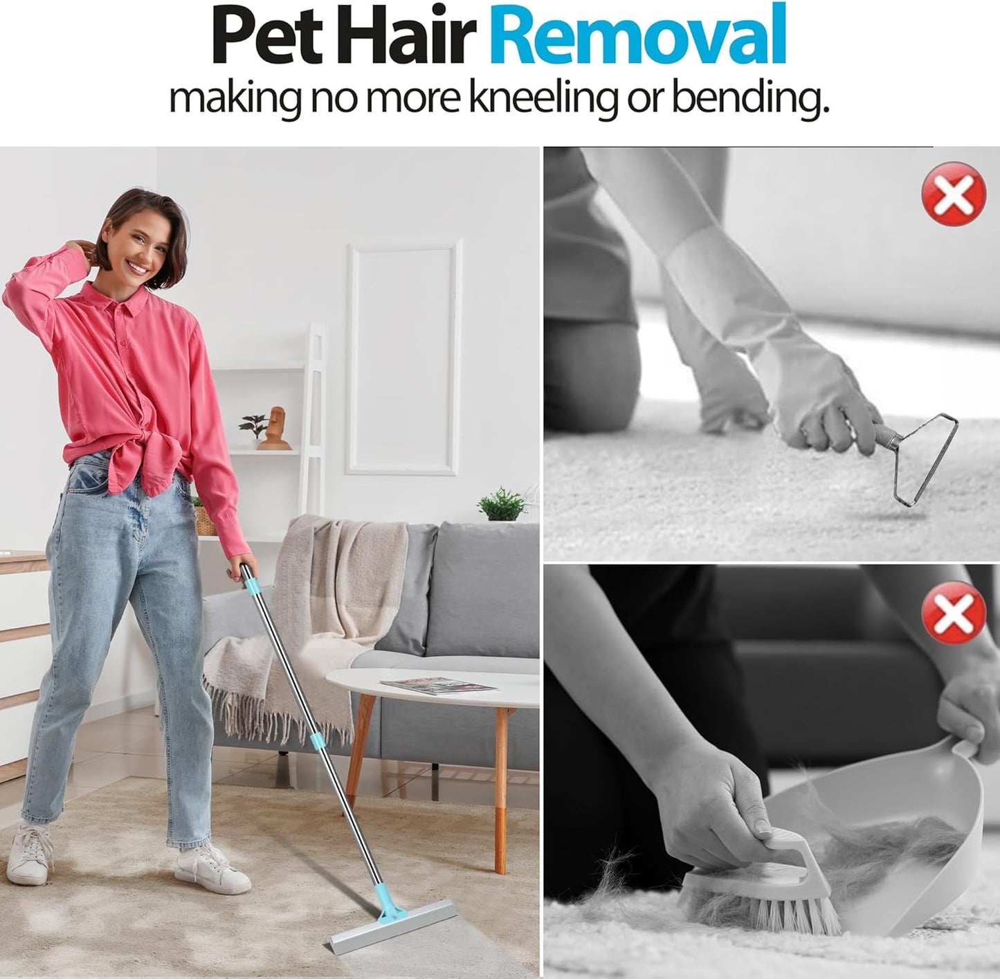 2 in 1 TPU and Copper Rake Teeth Uproot Clean Hair Remover with 54’’ Adjustable Long Handle