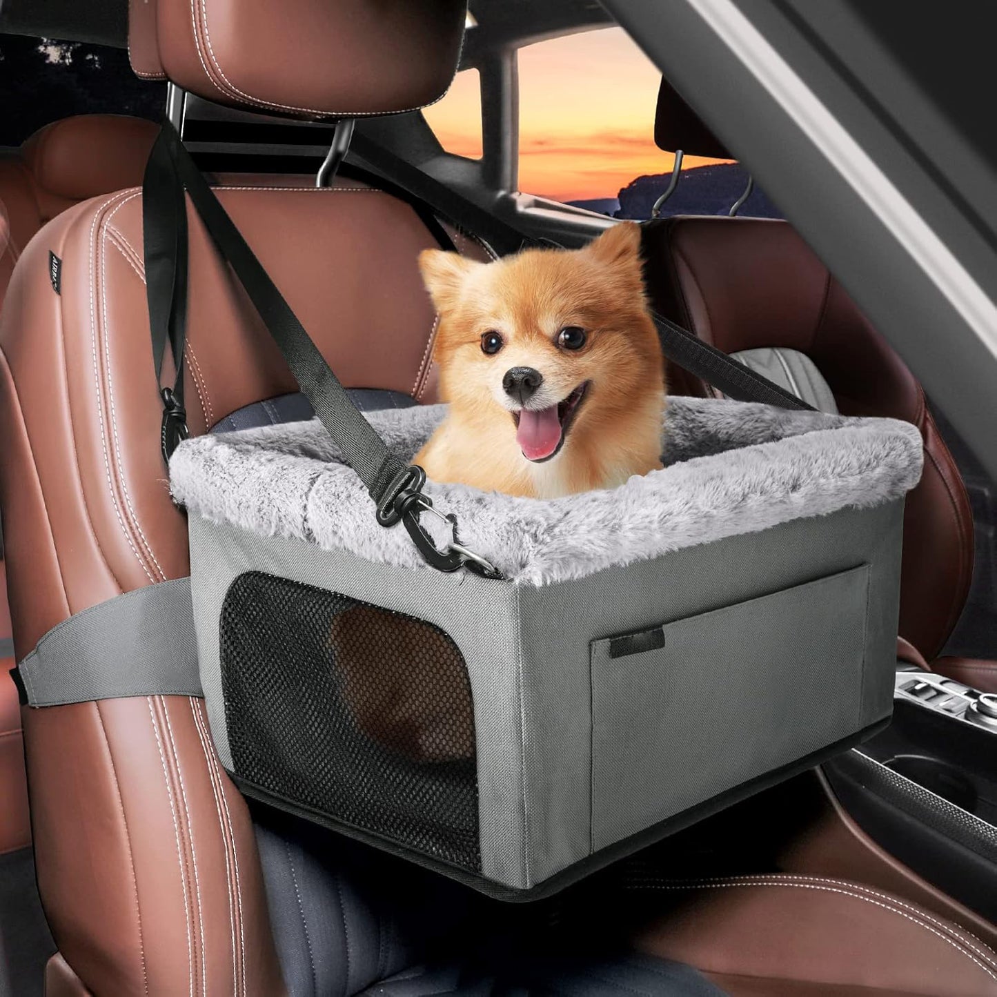Deluxe Dog Booster Seat with Sturdy Metal Frame and Safety Leash for Small Pets up to 20 lbs