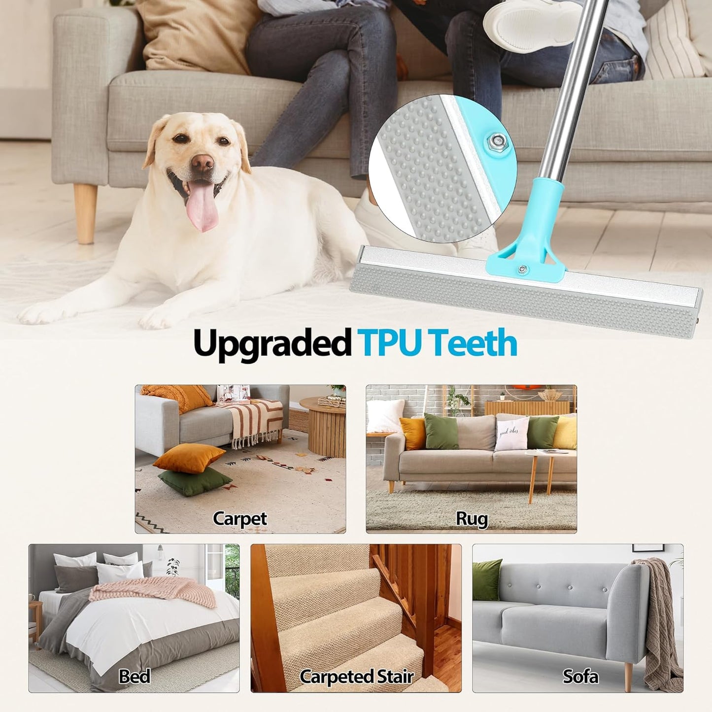 2 in 1 TPU and Copper Rake Teeth Uproot Clean Hair Remover with 54’’ Adjustable Long Handle