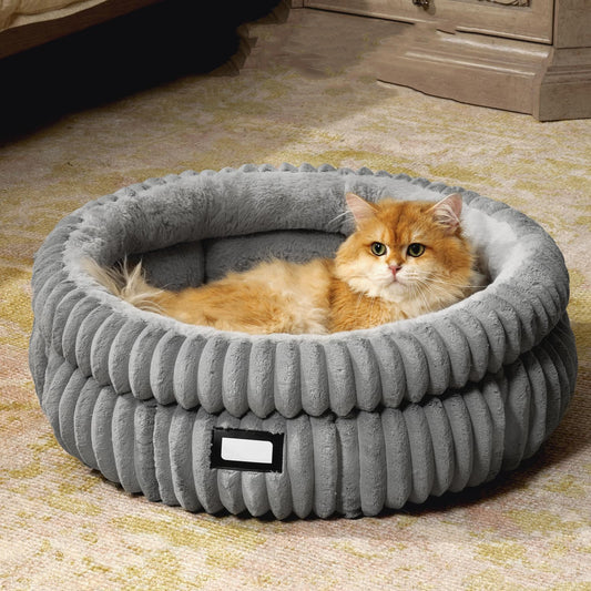 Washable Round Pet Bed for Dog Cat, Soft Plush Faux Fur and Anti-Slip