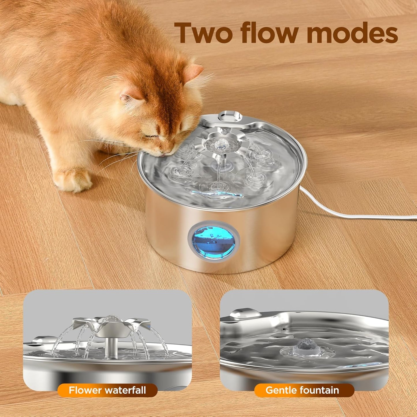 Stainless Steel Cat Dog Water Fountain: 88oz/2.6L Ultra Quiet Pet Fountain with Flower Kitty Spout & LED Blue Light