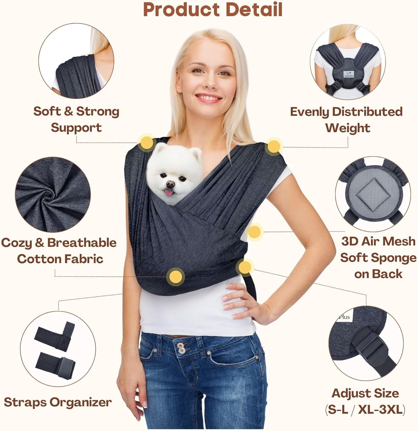 Dog Carrier for Small Dogs, Front Facing Dog Carrier Sling, Hands Free Cat Sling, Size Adjustable